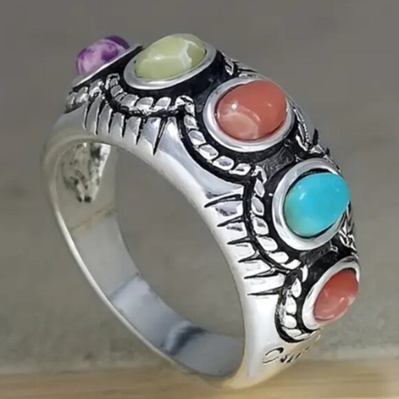 Vibrant Boho Southwest Turquoise Ring - Handcrafted With Genuine Stones - Picture 1 of 4